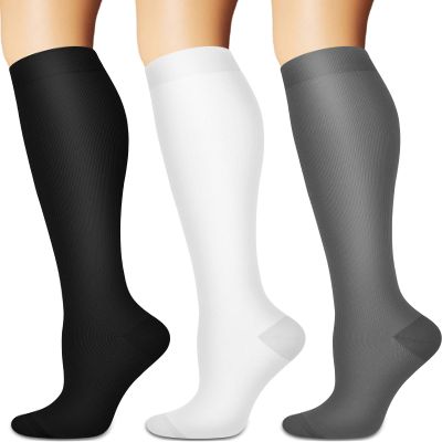 Sooverki Compression Socks for Women and Men Circulation (3 Pairs) is Best Support for Running Athletic Knee High Stockings Black White Gray Bulk 15-20 mmHg Light Classic Plain Gifts