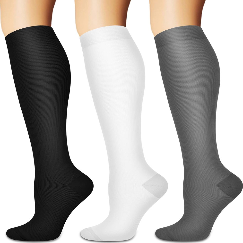 Sooverki Compression Socks for Women and Men Circulation (3 Pairs) is Best Support for Running Athletic Knee High Stockings Black White Gray Bulk 15-20 mmHg Light Classic Plain Gifts