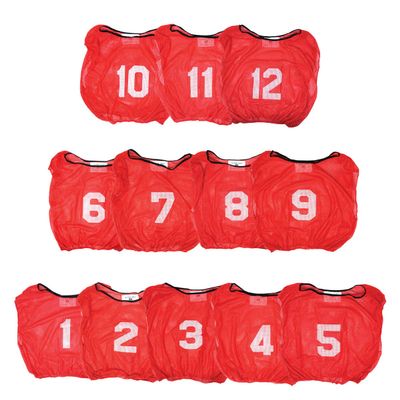 12 Numbered, Nylon Scrimmage Vests, Numbered 1-12, Printed Front & Back (Red)