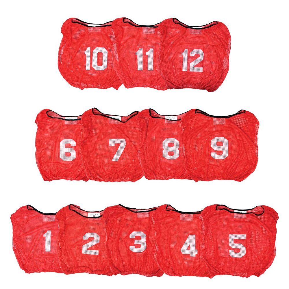 12 Numbered, Nylon Scrimmage Vests, Numbered 1-12, Printed Front & Back (Red)