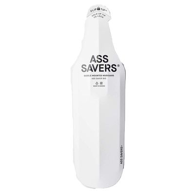Ass Savers Big Saddle Mudguard for Wide Tires, 30-50 mm, up to 55 mm, Generation 4, Maximum Rain Protection, No Tools Mount, Patented Flip Tip, Lightweight, Stable, Self Centering, CX, Gravel, White