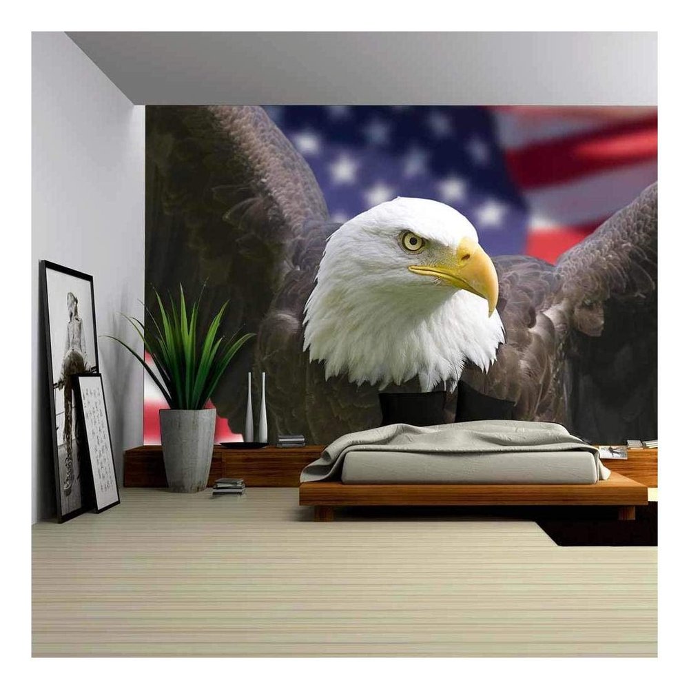 wall26 - Bald Eagle with American Flag, Focus on Head (Clipping Path) - Removable Wall Mural | Self-Adhesive Large Wallpaper - 100x144 inches