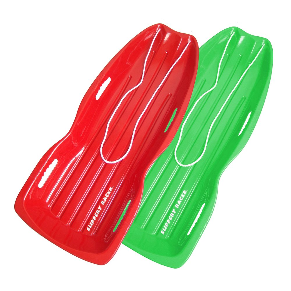 Slippery Racer Downhill Xtreme Flexible Adults and Kids Plastic Toboggan Snow Sled for up to 2 Riders with Pull Rope and Handles (RED/Green, 2 Pack)