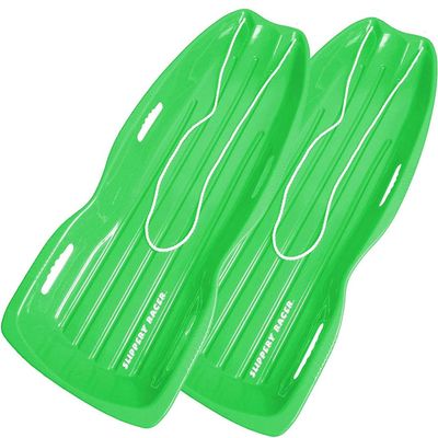 Slippery Racer Downhill Xtreme Flexible Adults and Kids Plastic Toboggan Snow Sled for up to 2 Riders with Pull Rope and Handles. (Green, 2 Pack)