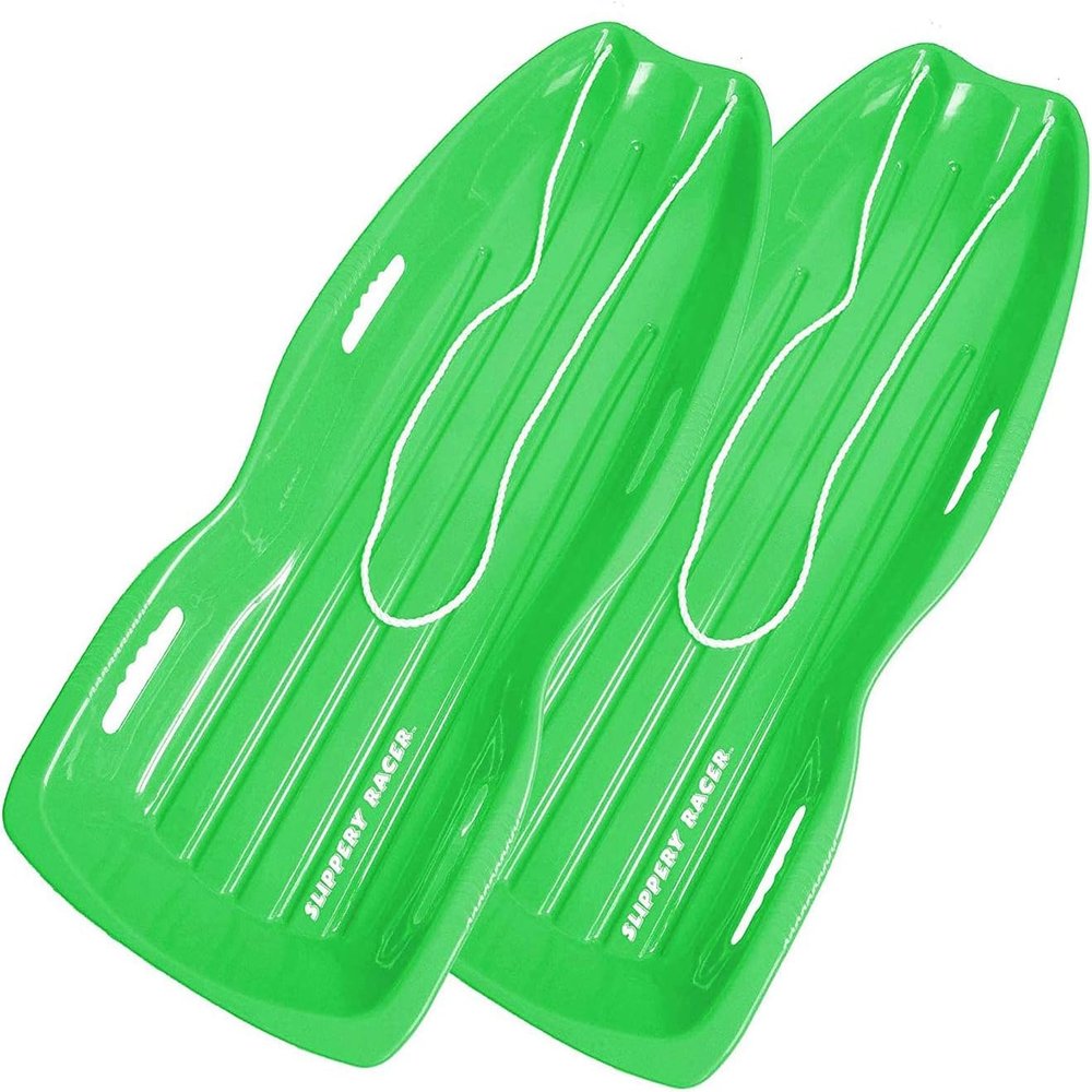 Slippery Racer Downhill Xtreme Flexible Adults and Kids Plastic Toboggan Snow Sled for up to 2 Riders with Pull Rope and Handles. (Green, 2 Pack)