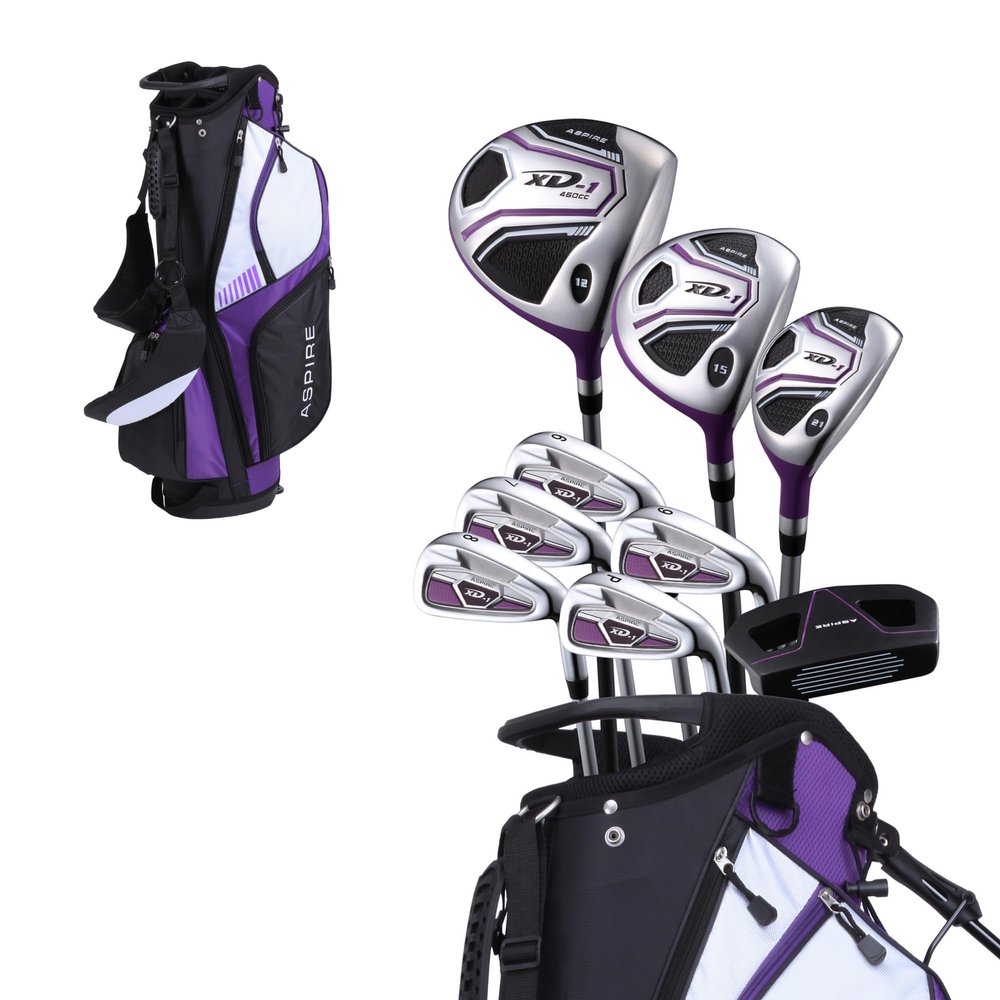 Aspire XD1 Women's Golf Club Set Ultra-Light Graphite Shafts, Driver, Fairway, Hybrid, 6-PW Irons, Putter, Stand Bag & Headcovers Right-Handed, Available in Regular, Petite & Tall Sizes Purple