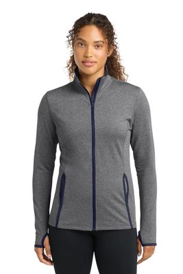 SPORT-TEK Women's Sport-Wick Stretch Contrast Full Zip Jacket, Charcoal Grey Heather/True Navy, 3XL