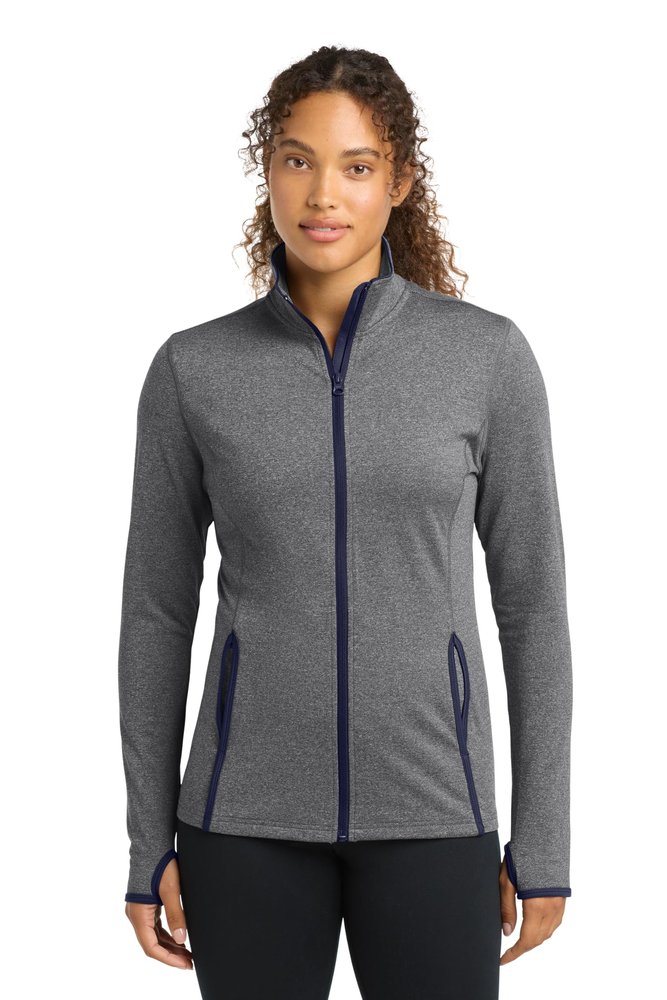 SPORT-TEK Women's Sport-Wick Stretch Contrast Full Zip Jacket, Charcoal Grey Heather/True Navy, 3XL