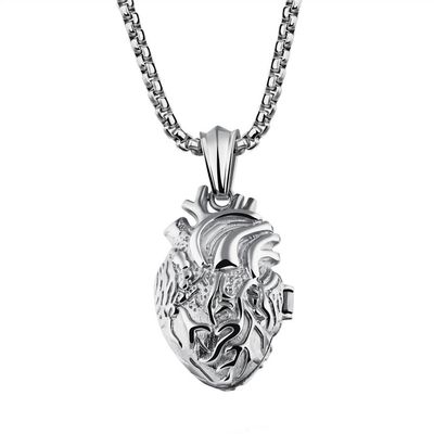 PAURO Men's Stainless Steel Anatomical Organ Heart Openable Pendant Necklace Silver Small, Locket Style