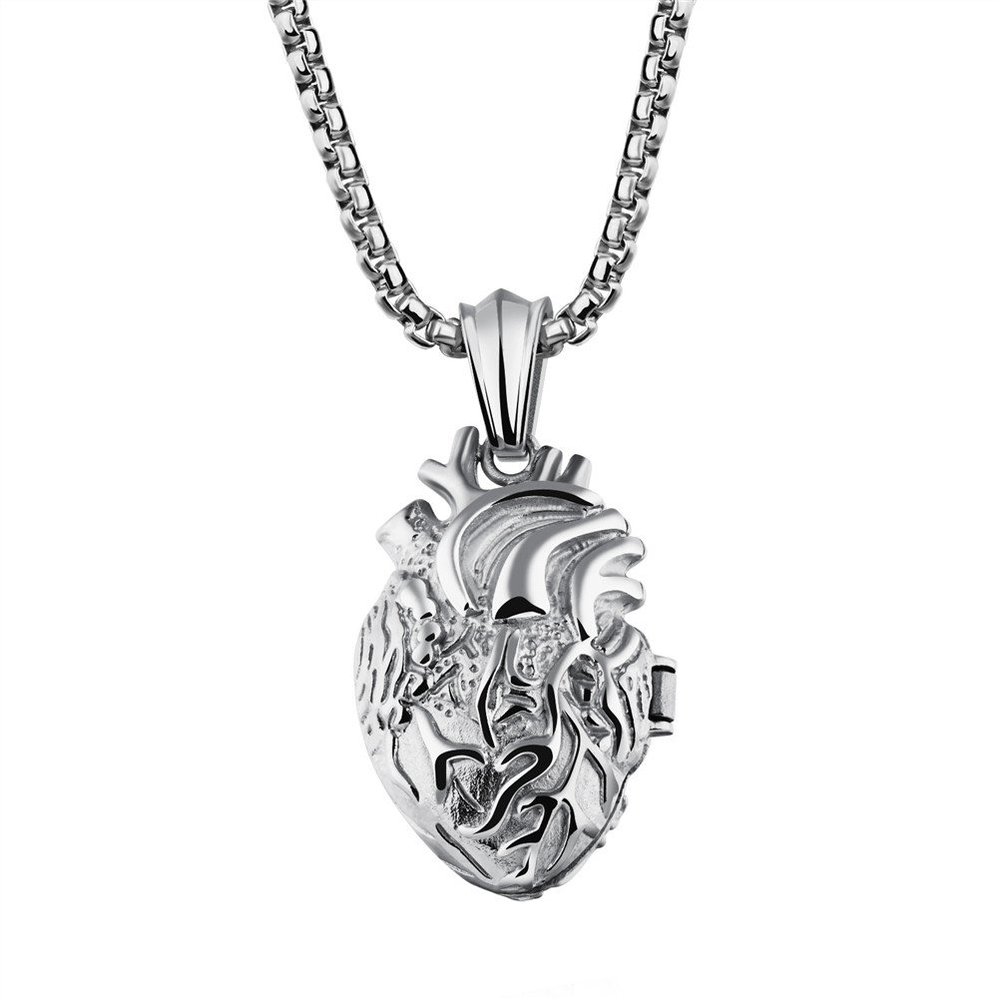 PAURO Men's Stainless Steel Anatomical Organ Heart Openable Pendant Necklace Silver Small, Locket Style