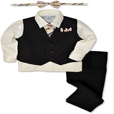 Johnnie Lene JL40 Pinstripe Boys Formal Dresswear Vest Set (2T, Black/Ivory)