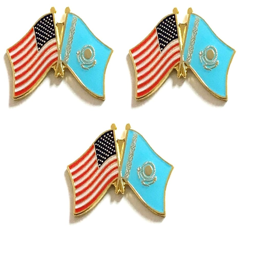3 Kazakhstan USA Friendship Flag Lapel Pins Pack of 3 Kazakhs & American Double Flag Pin Badge