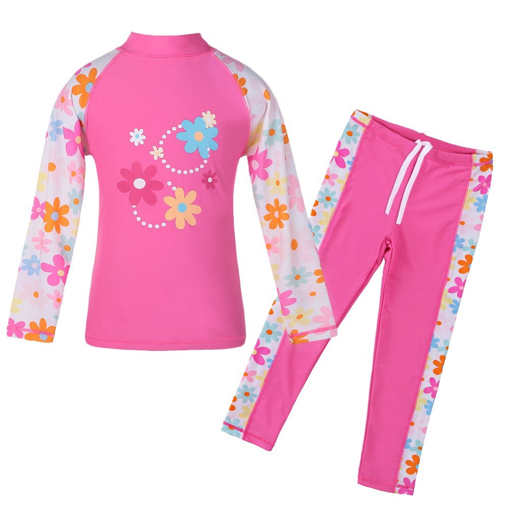 TFJH E Girls Swimsuit UPF 50+ Two Piece Long Sleeve Top Pant Set HotPink Long 8A