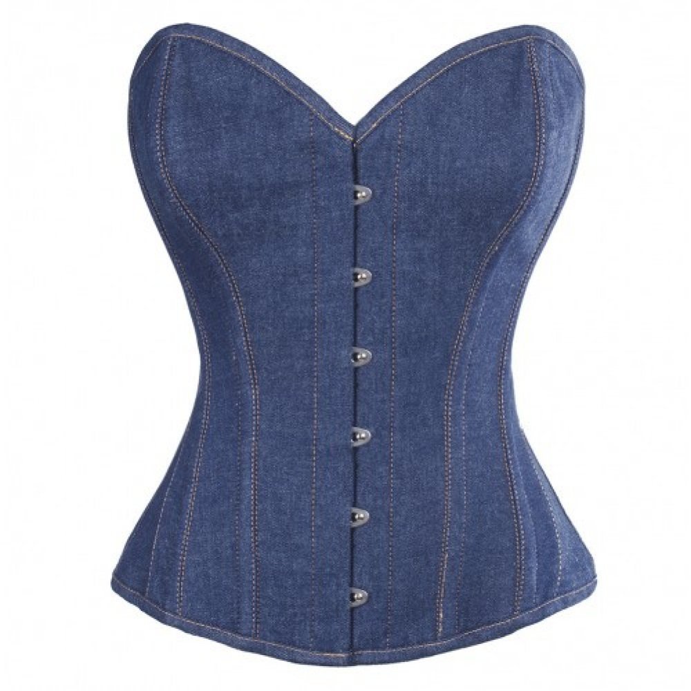 Blue Denim Gothic Steampunk Bustier Waist Training Burlesque Overbust Corset Top