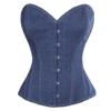 Blue Denim Gothic Steampunk Bustier Waist Training Burlesque Overbust Corset Top view 1