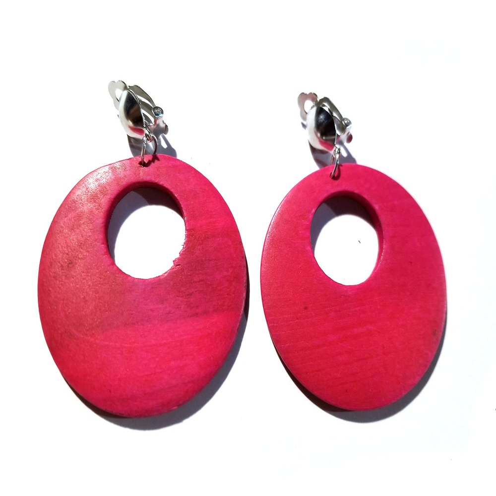 Clip-on Earrings Bohemian Wood Assorted Colors 2.5 inch Hoop Silver Tone Clip (Pink)
