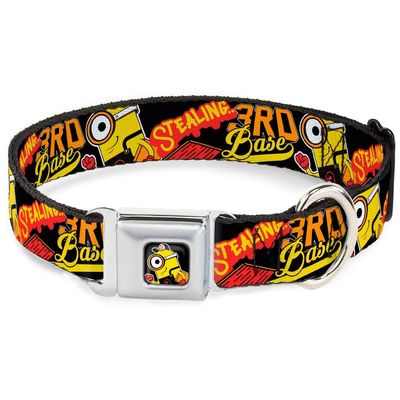 Dog Collar Seatbelt Buckle Minions Baseball Stealing 3Rd Base Black Red Yellow Orange 13 to 18 Inches 1.5 Inch Wide