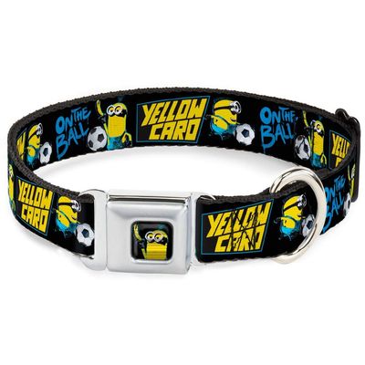 Dog Collar Seatbelt Buckle Minions Soccer 2 Poses on The Ball Yellow Card Black 9 to 15 Inches 1.0 Inch Wide