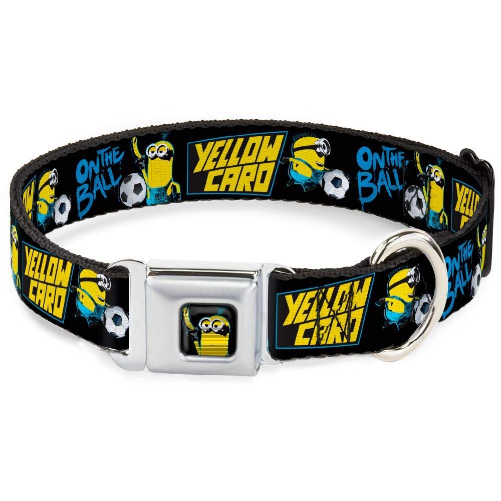 Dog Collar Seatbelt Buckle Minions Soccer 2 Poses on The Ball Yellow Card Black 9 to 15 Inches 1.0 Inch Wide