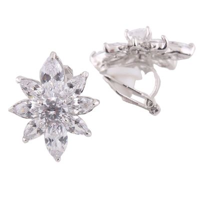 Grace Jun Bridal AAA Cubic Zirconia Clip on Earrings Non Piercing Copper Material Flower Earrings (platinum plated)