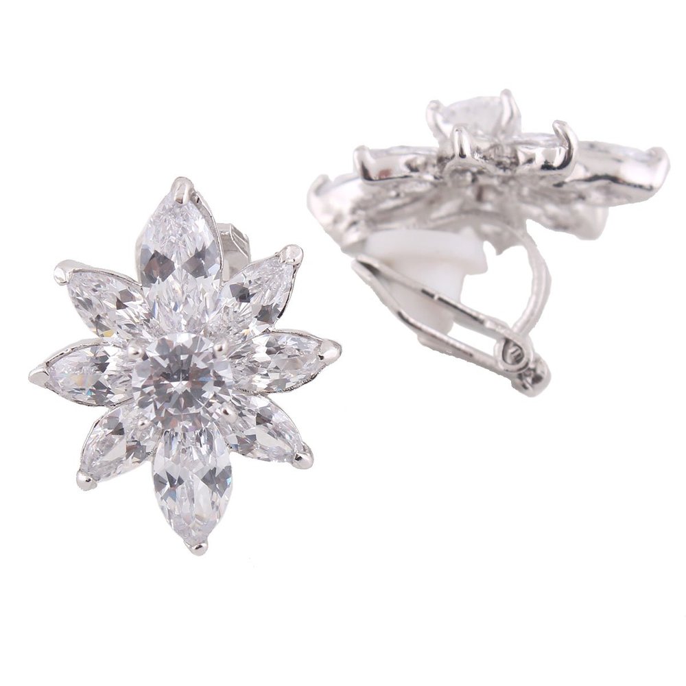 Grace Jun Bridal AAA Cubic Zirconia Clip on Earrings Non Piercing Copper Material Flower Earrings (platinum plated)