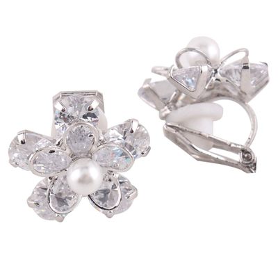 GRACE JUN Bridal Copper AAA Cubic Zirconia Clip on Earrings No Pierced for Women Simulated Pearl Earrings (platinum plated)