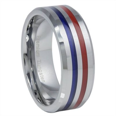 Panvisionary Thin Blue Line Tungsten Carbide Ring Red and Blue 8MM Flat Profile with Beveled Edges (15)