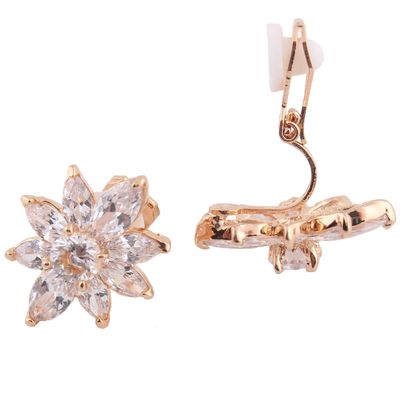 GRACE JUN Bridal AAA Cubic Zirconia Clip on Earrings Non Piercing Copper Material Flower Earrings (18k gold plated)