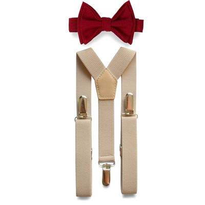 Armoniia Tan Suspenders & Bow Tie Set for Baby Toddler Boy Teen Men (4. Adult (up to 5'8"), Tan Suspenders, Burgundy Bow Tie)