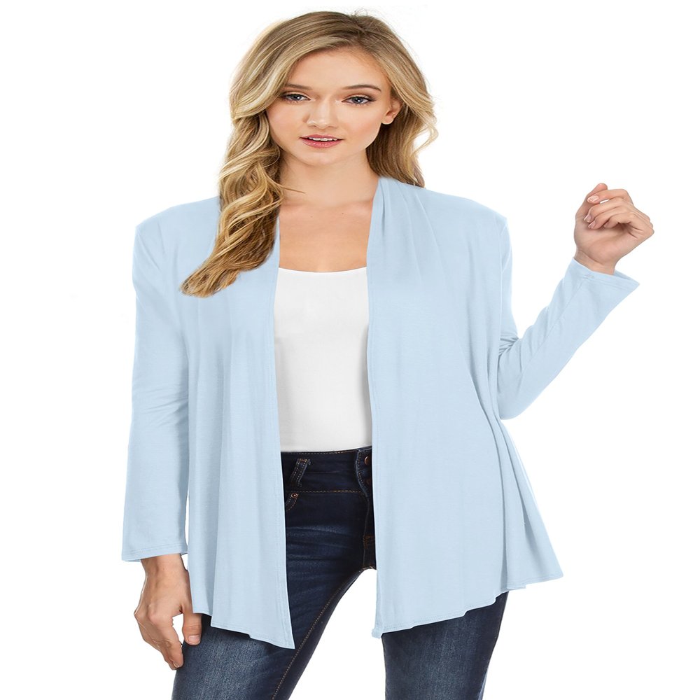 NYL Womens Long Sleeve Open Front Drape Cardigan - Made in USA, Large, Blue