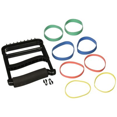 Rolyan Ergonomic Hand Exerciser with Padded Handle, Adjustable Squeeze Tool, 4 Pairs of Rubber Bands for Progressive Resistance, Improves Hand Grip Strength in Fingers, Hand, & Thumb, Black