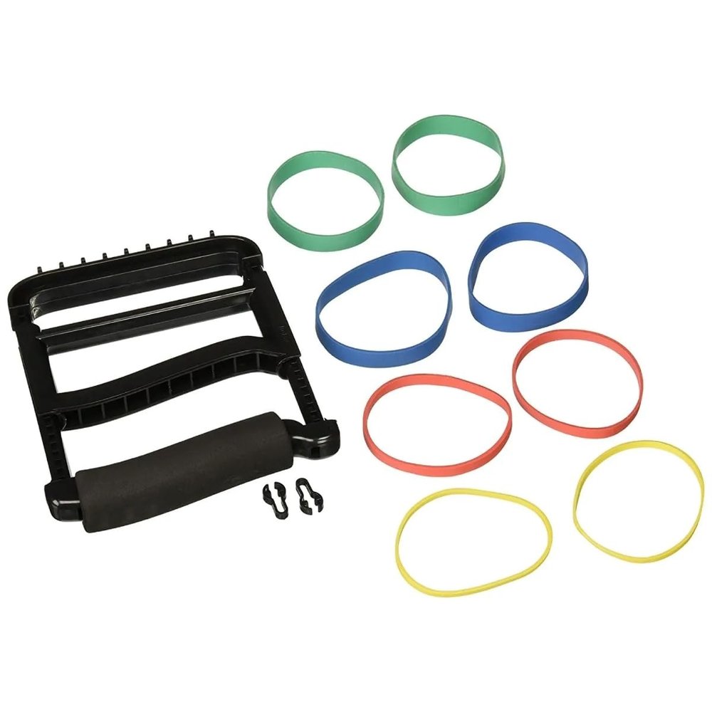 Rolyan Ergonomic Hand Exerciser with Padded Handle, Adjustable Squeeze Tool, 4 Pairs of Rubber Bands for Progressive Resistance, Improves Hand Grip Strength in Fingers, Hand, & Thumb, Black