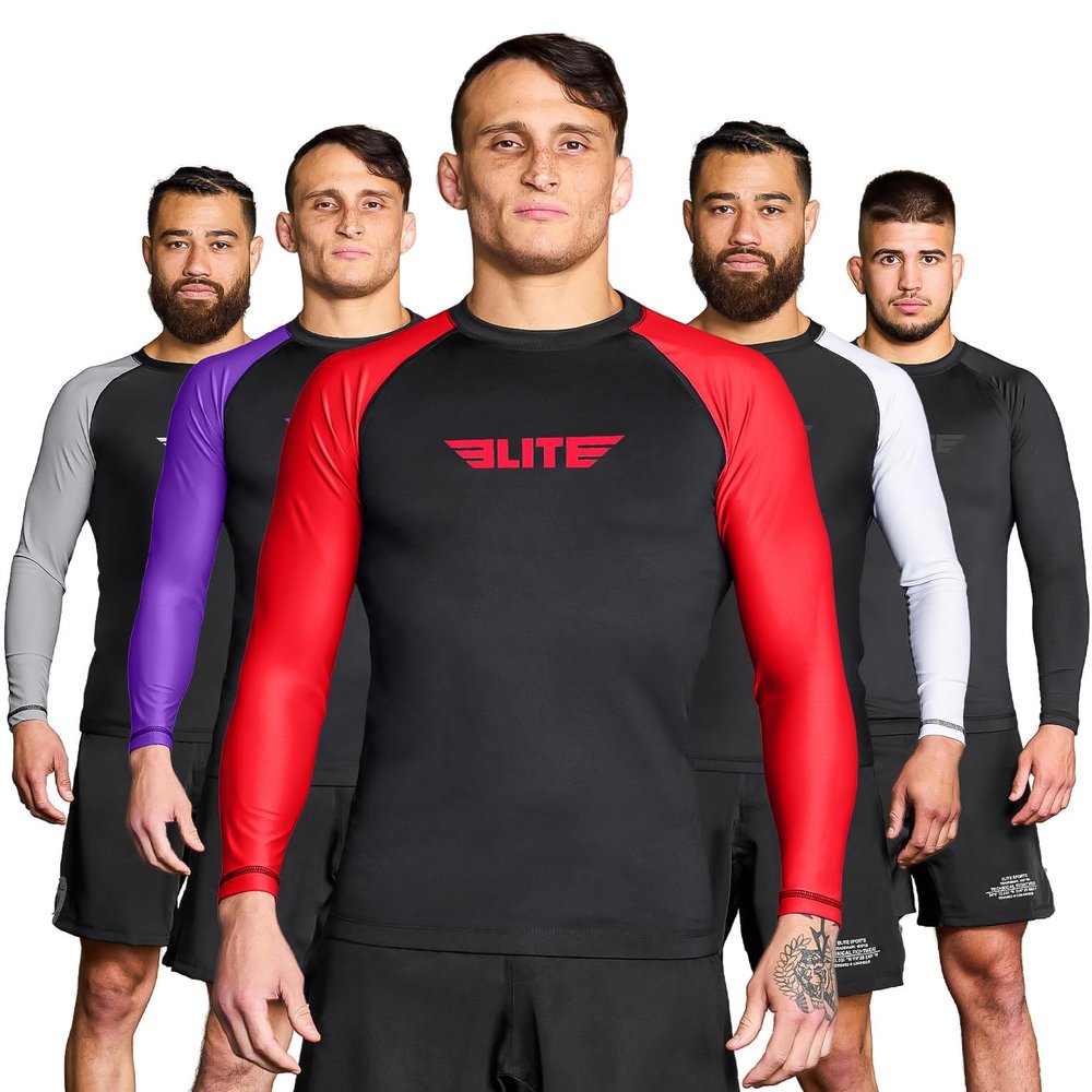 Elite Sports New Item Full Long Sleeve Compression, Mma, Bjj, No-Gi, Cross Training Rash Guard, Medium, Red