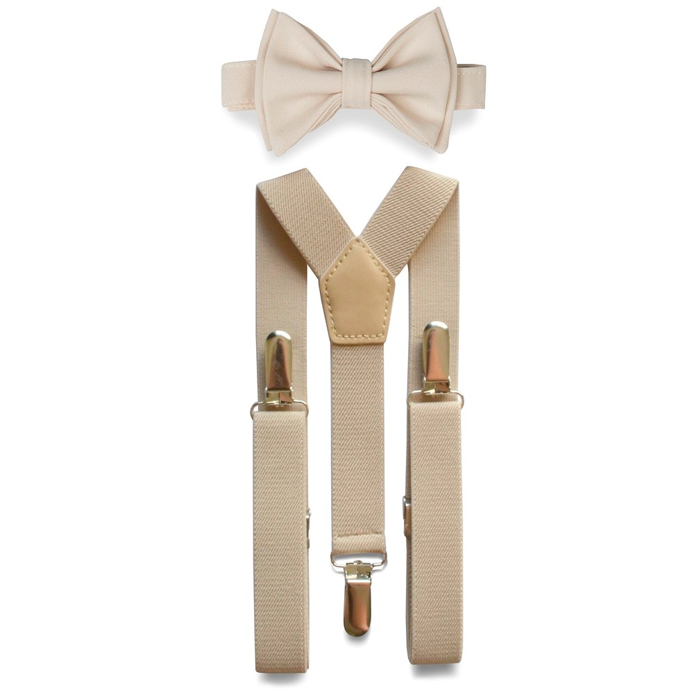 Armoniia Tan Suspenders & Bow Tie Set for Baby Toddler Boy Teen Men (4. Adult (up to 5'8"), Tan Suspenders, Cream Bow Tie)