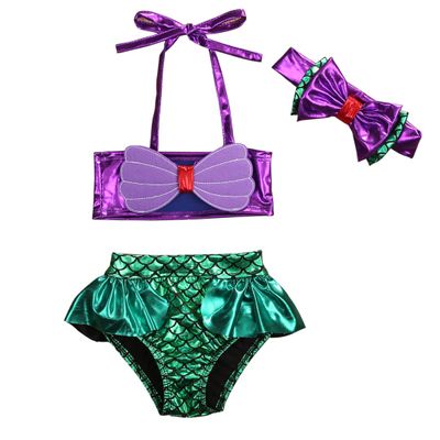 3Pcs Kids Baby Bowknot Mermaid Bikini Set Top+Briefs+Headband Bathing Suit (60, Purple+Green)