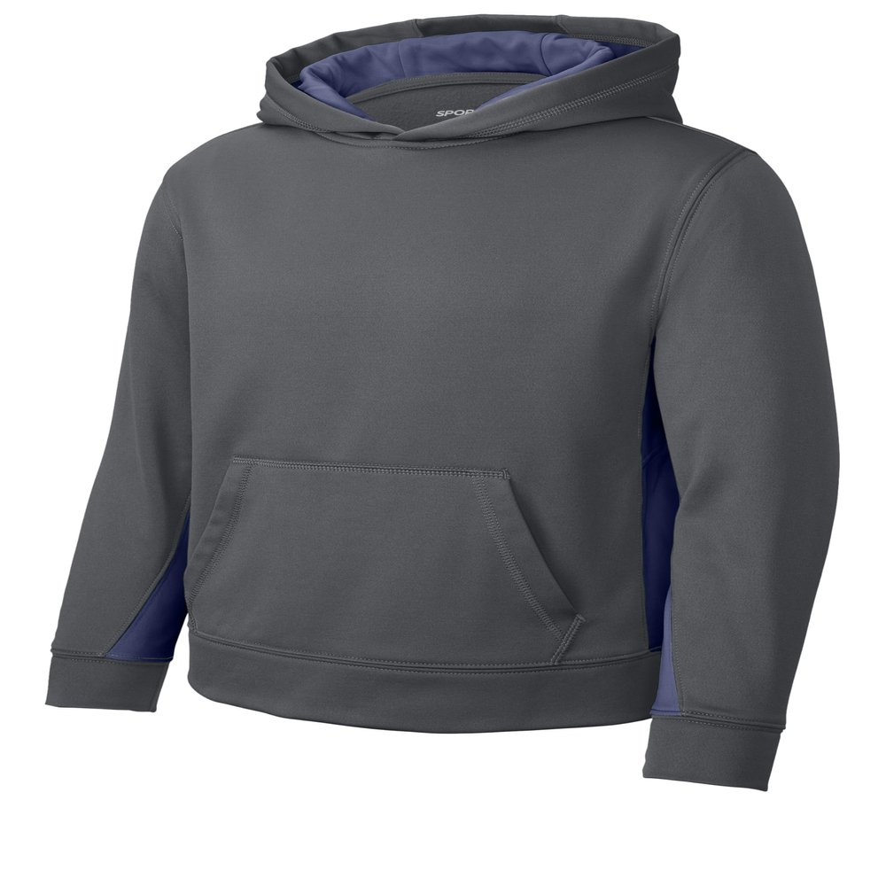SPORT-TEK Youth Sport-Wick Fleece Colorblock Hooded Pullover, Dark Smoke Grey/Navy, Medium