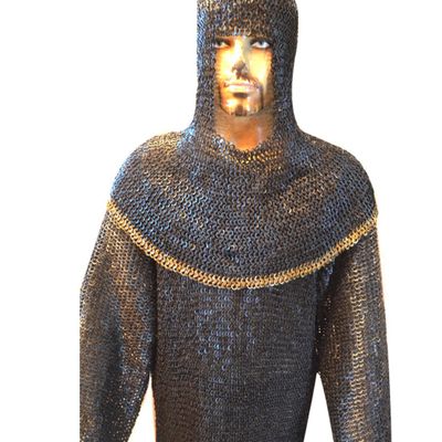 Allbeststuff Chain Mail Hauberk Butted Armor Shirt Medium Blackend with Brass ABS