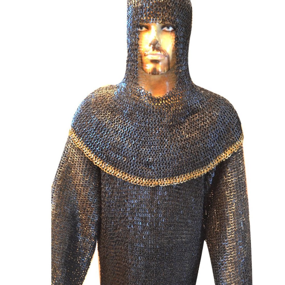 Allbeststuff Chain Mail Hauberk Butted Armor Shirt Medium Blackend with Brass ABS