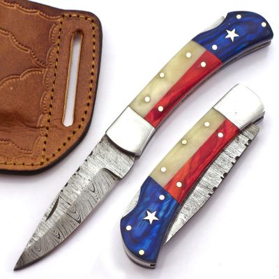 BLAYDZ Damascus Pocket Knife for men with Premium Leather Sheath - Damascus Folding Knife with Backlock - Folding Damascus Steel Knife with Texas Flag Handle (9067)