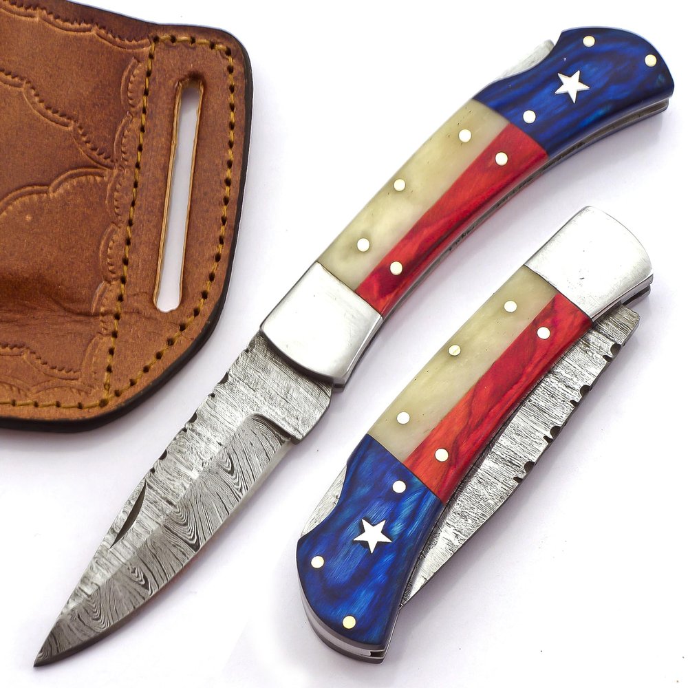 BLAYDZ Damascus Pocket Knife for men with Premium Leather Sheath - Damascus Folding Knife with Backlock - Folding Damascus Steel Knife with Texas Flag Handle (9067)