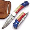 BLAYDZ Damascus Pocket Knife for men with Premium Leather Sheath - Damascus Folding Knife with Backlock - Folding Damascus Steel Knife with Texas Flag Handle (9067)