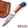 BLAYDZ Damascus Pocket Knife for men with Premium Leather Sheath - Damascus Folding Knife with Backlock - Folding Damascus Steel Knife with Texas Flag Handle (9067) view 2