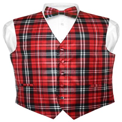 Vesuvio Napoli Men's Plaid Design Dress Vest & BOWTie Black Red White BOW Tie Set 6XL