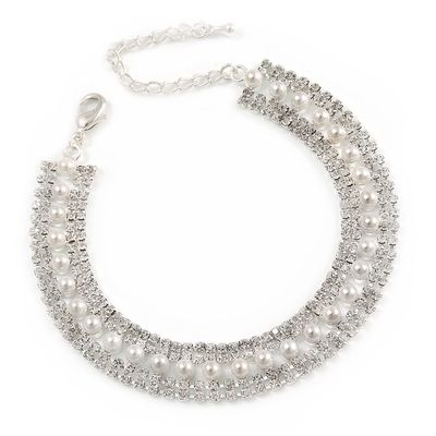 Avalaya Bridal/Wedding/Prom/Party Austrian Crystal, White Glass Pearl Bracelet In Rhodium Plating - 18cm L/ 5cm Ext