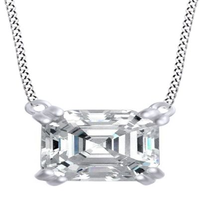 AFFY Asscher Cut White Cubic Zirconia Solitaire Pendant Necklace in 14k White Gold Over Sterling Silver