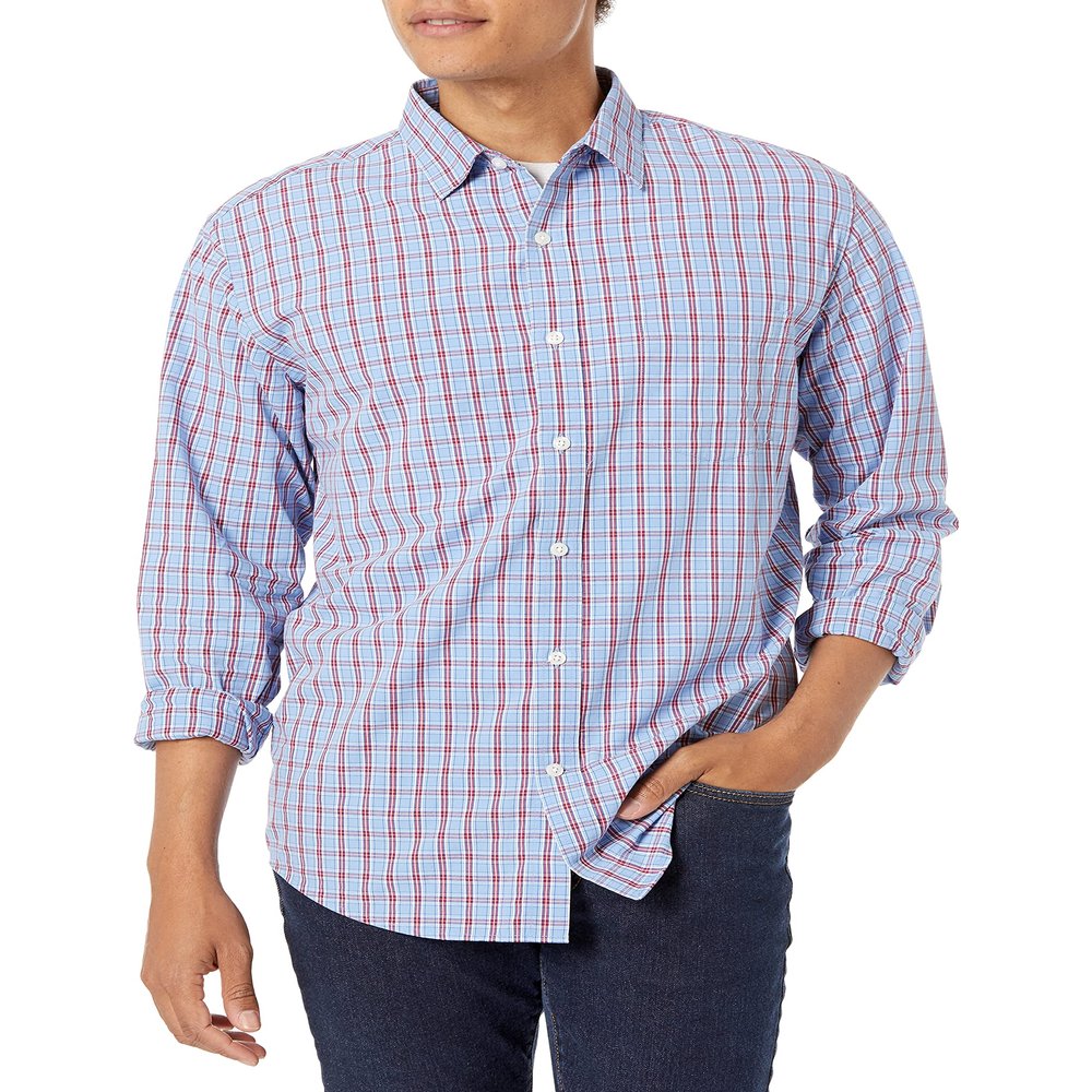Amazon Essentials Men's Regular-Fit Long-Sleeve Casual Poplin Shirt, Light Blue Red Plaid, Large