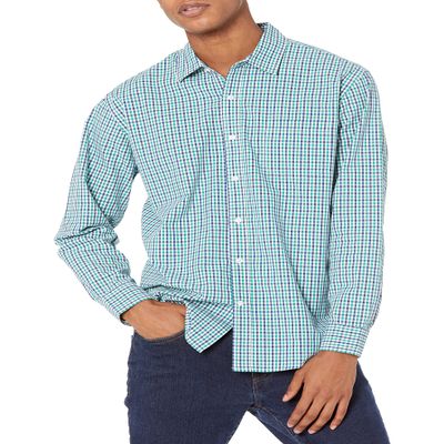 Amazon Essentials Men's Regular-Fit Long-Sleeve Casual Poplin Shirt, Blue Green Gingham, Medium