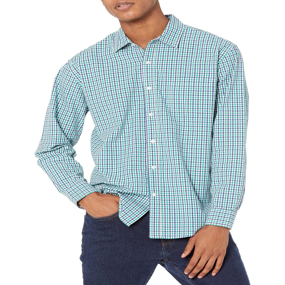Amazon Essentials Men's Regular-Fit Long-Sleeve Casual Poplin Shirt, Blue Green Gingham, Medium