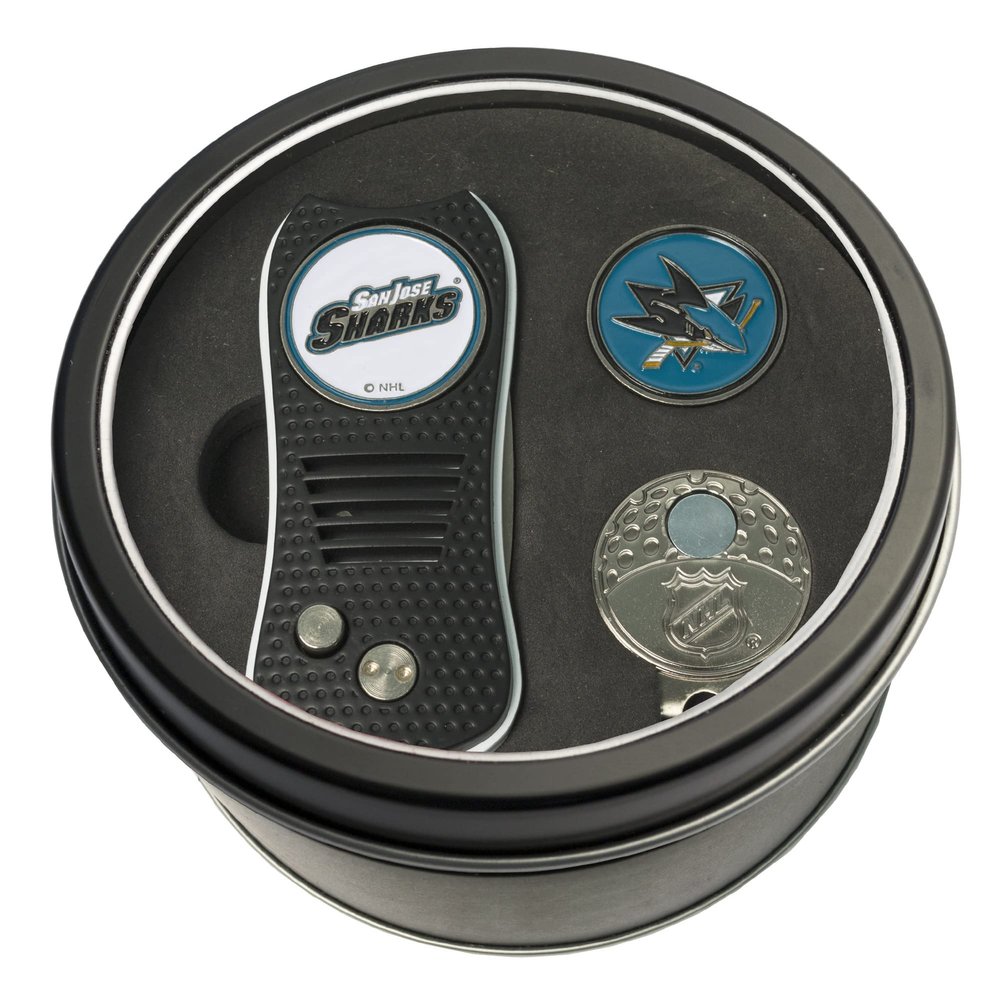 Team Golf NHL San Jose Sharks Tin Ball Marker Gift Set with Retractable Divot Tool, Cap Clip and 2 Double-Sided Enamel Ball Markers, Patented Design, Less Damage to Greens