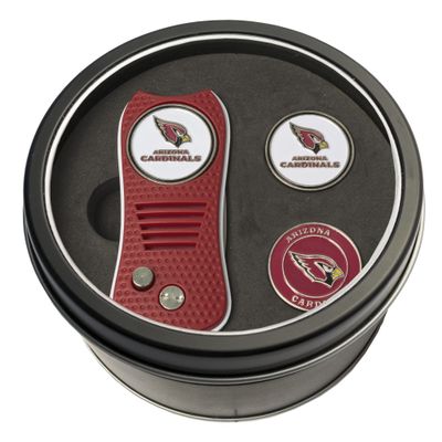 Team Golf NFL Arizona Cardinals 2 Ball Markers Tin Gift Set with Retractable Divot Tool and 3 Double-Sided Magnetic Ball Markers, Patented Single Prong Design, Causes Less Damage to Greens